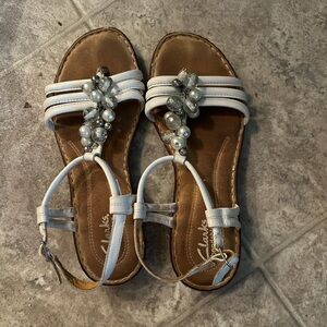 Clarks White and Brown Beaded Sandals